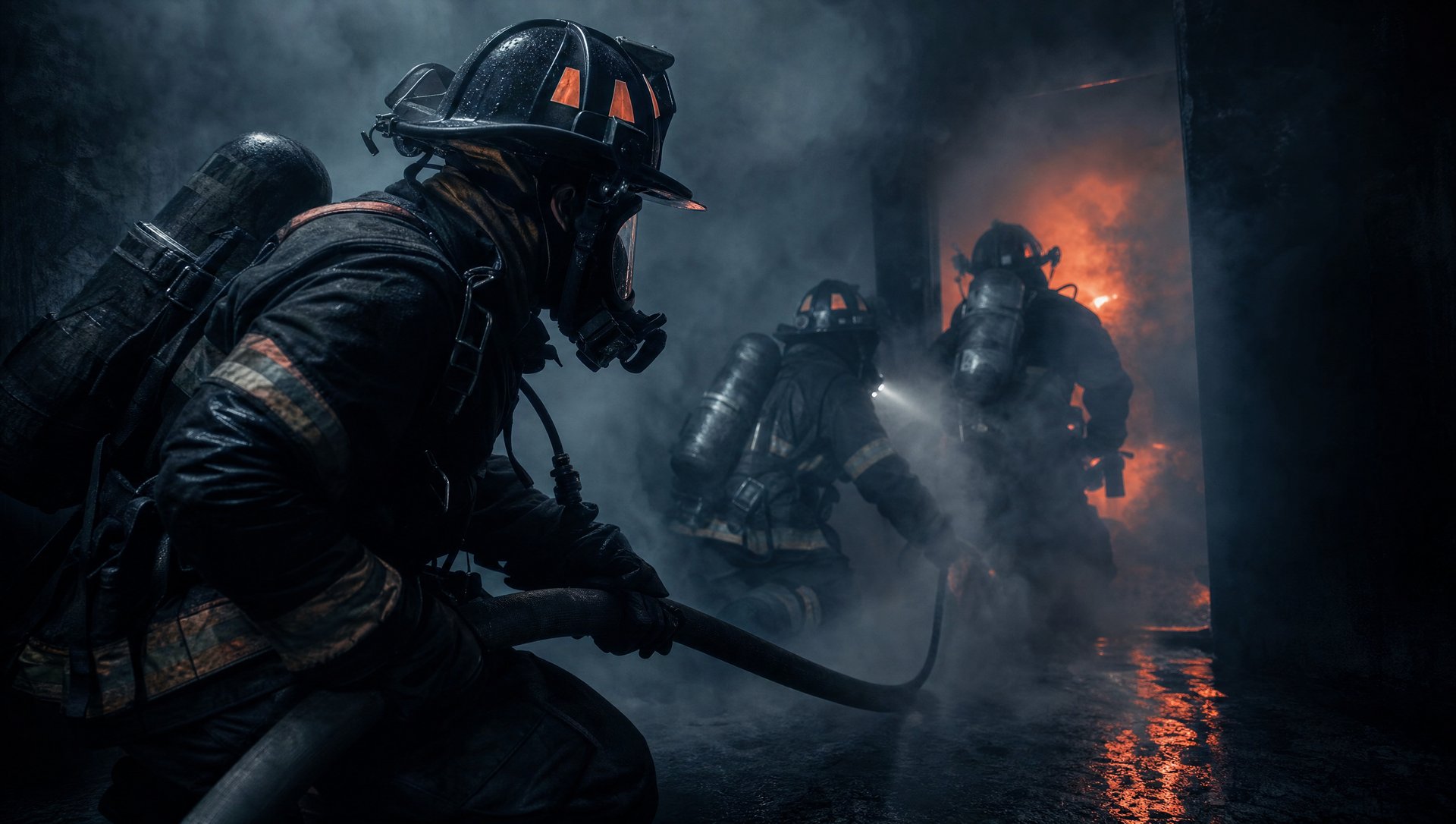 Firefighting training imagery in smoke and ember light